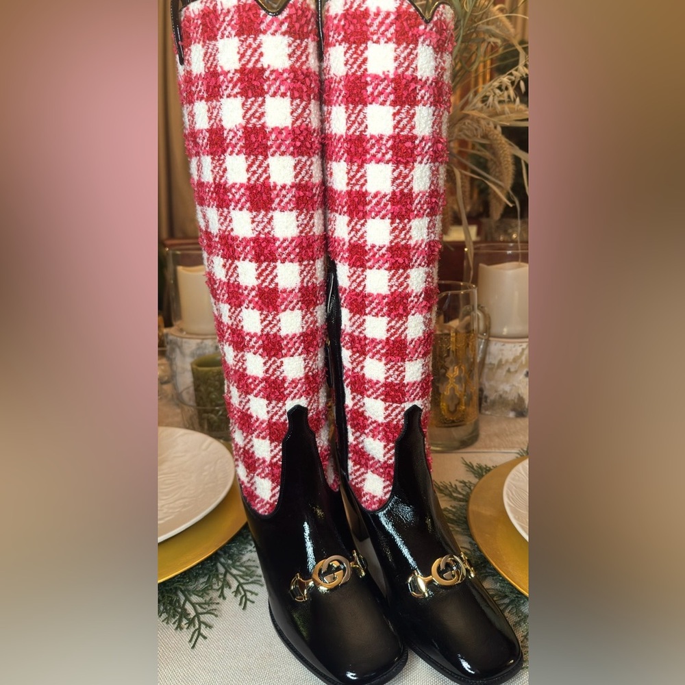 Gucci Red and White Checkered Boots and Bag Set Brand New Size 38 GG Horse Bit - Picture 3 of 7